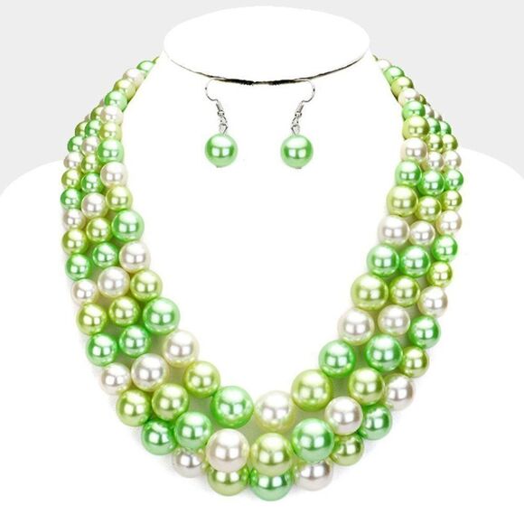 Green Pearl (faux) Two Tone Triple Strand Necklace & Earring Set - Picture 1 of 7